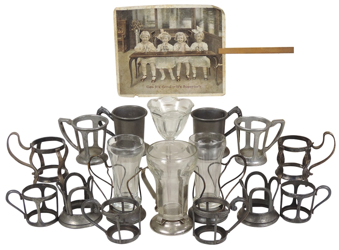 Soda Fountain Cup Holders & Glasses (17), variety of handled metal bases, 3 w/glass inserts plus (1 of 1)