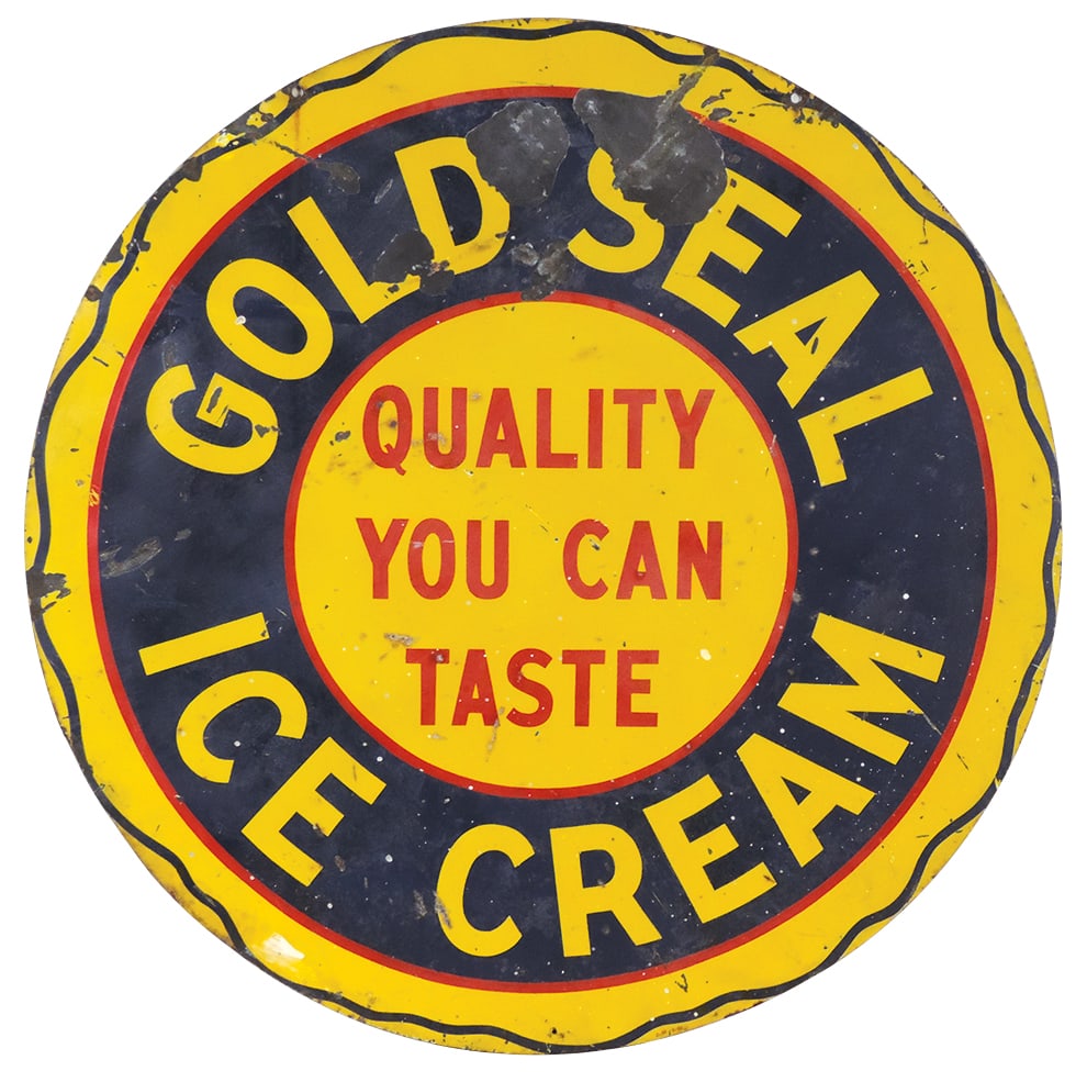 Soda Fountain Ice Cream Sign, dbl-sided steel litho for Gold Seal, marked A-M 4-42, Fair cond (1 of 2)
