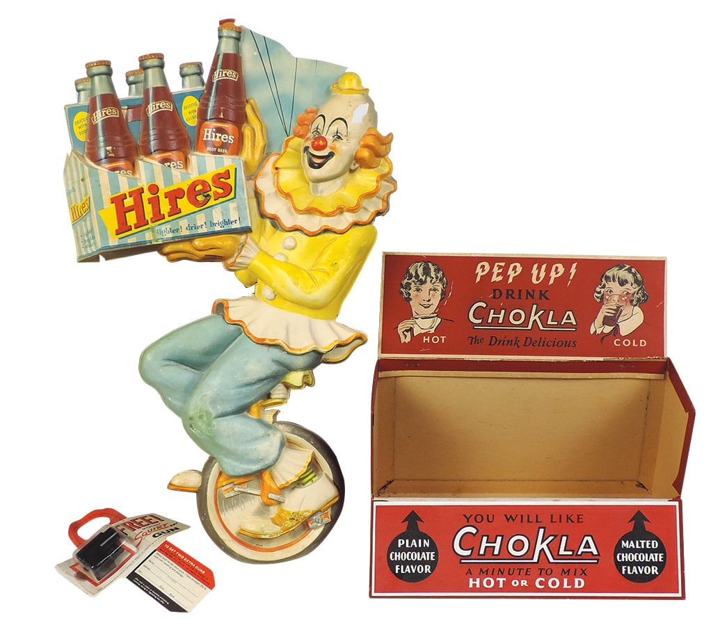 Soda Fountain Advertising (3), molded plastic Hires Root Beer clown in high relief, Chokla drink mix: Soda Fountain Advertising (3), molded plastic Hires Root Beer clown in high relief, Chokla drink mix litho on cdbd display & Squirt ray gun premium w/bottle topper, most VG cond (clown w/smaller loss)