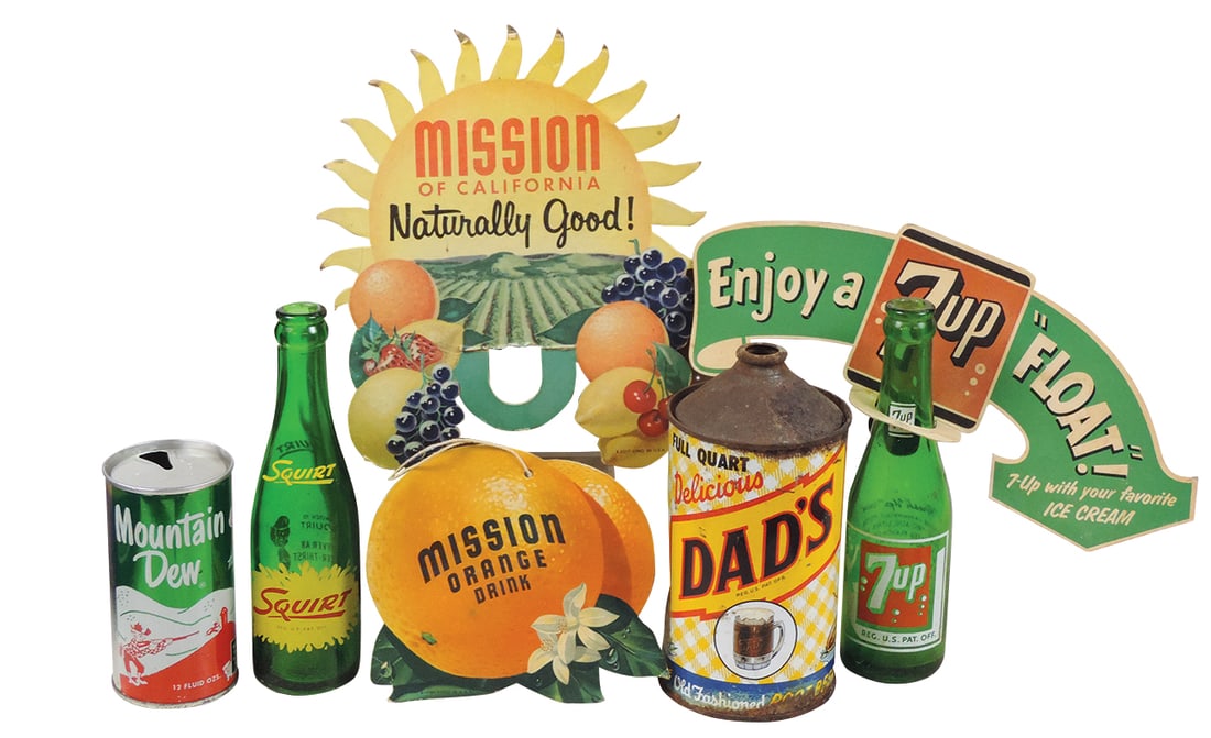 Soda Fountain Items (7), 3 litho on cdbd diecut bottle toppers & hang tags, 7Up & Squirt bottles, (1 of 1)