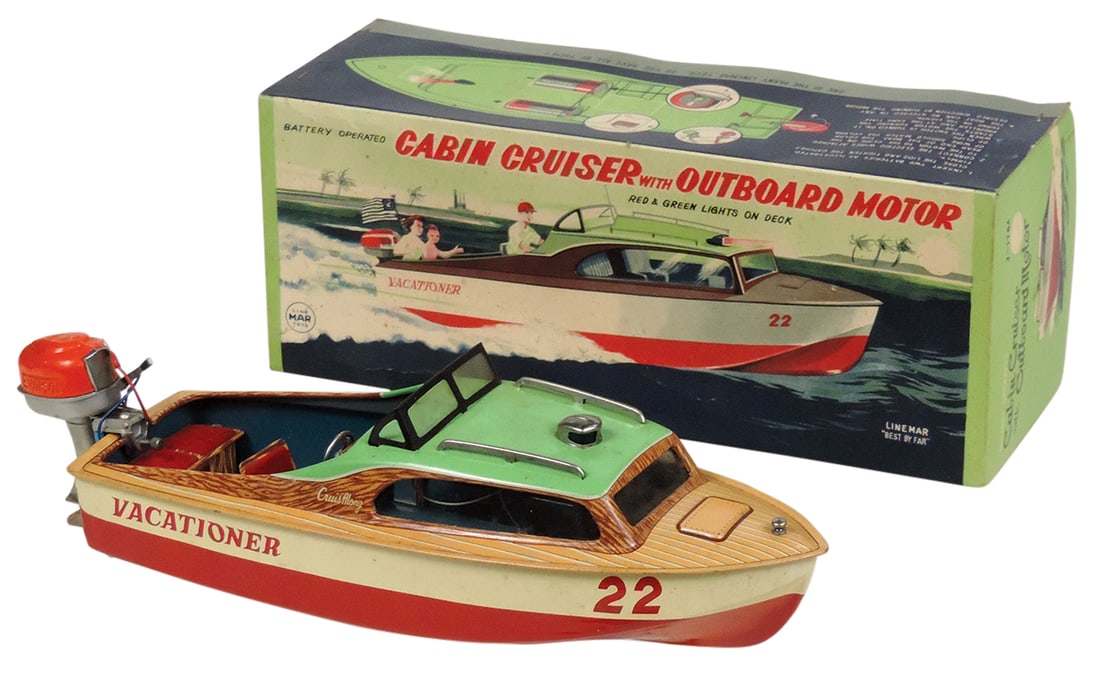 Toy Boat, Cabin Cruiser Vacationer No.22 in orig box, mfgd by Linemar, B-O litho on tin, Near-Mint (1 of 2)