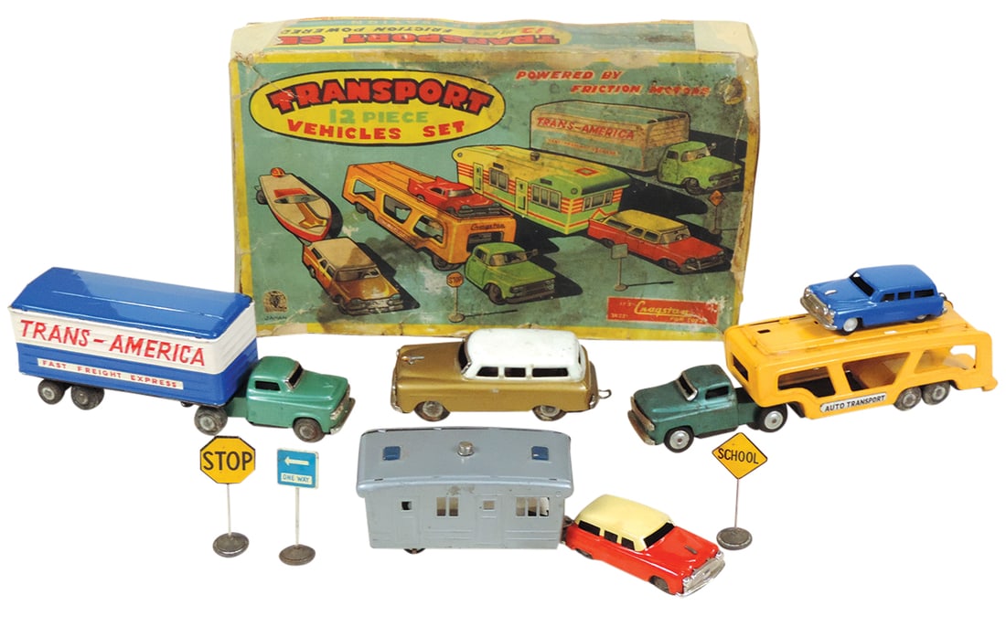 Toy Transport Vehicles Boxed Set, 11 pcs litho on tin mfgd by Cragstan (boat absent), most VG cond (1 of 1)