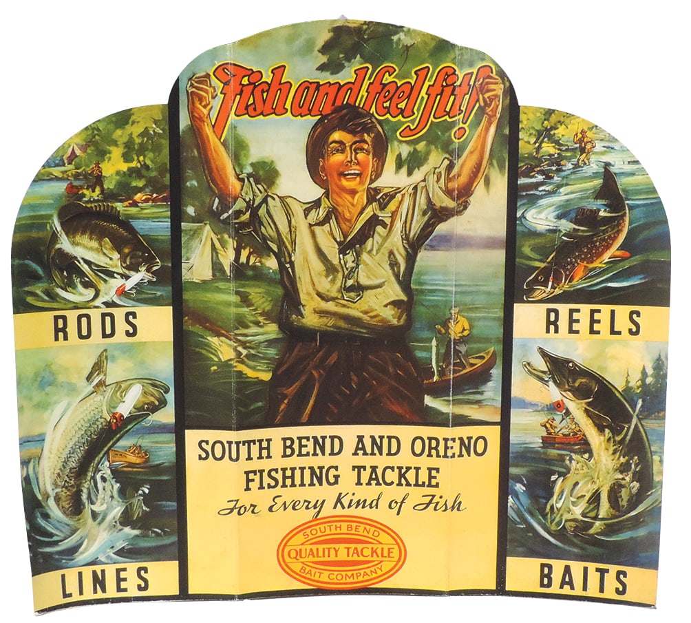 Fishing Store Display, South Bend Fishing Tackle, litho on cdbd diecut tri-fold, contemporary, VG (1 of 1)