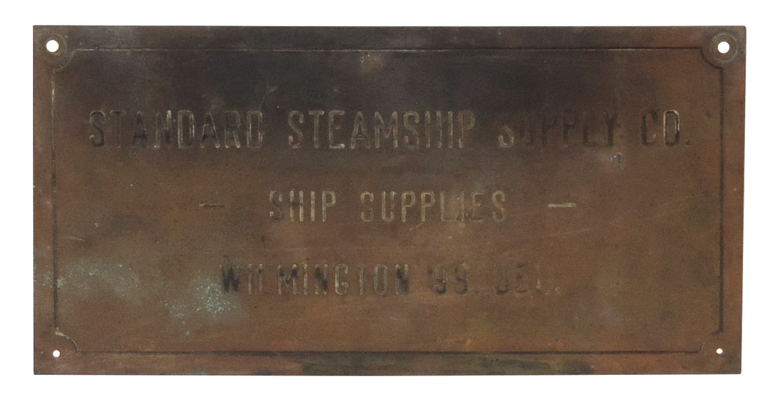 Nautical Steamship Sign, etched brass for Standard Steamship Supply Co.-Wilmington, Del, Good+ cond: Nautical Steamship Sign, etched brass for Standard Steamship Supply Co.-Wilmington, Del, Good+ cond w/tarnished finish, 8"H x 16"W.