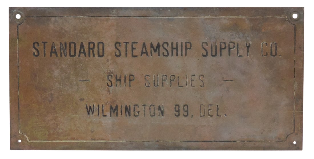 Nautical Steamship Sign, etched brass for Standard Steamship Supply Co.-Wilmington, Del, Good+ cond: Nautical Steamship Sign, etched brass for Standard Steamship Supply Co.-Wilmington, Del, Good+ cond w/tarnished finish, 8"H x 16"W.