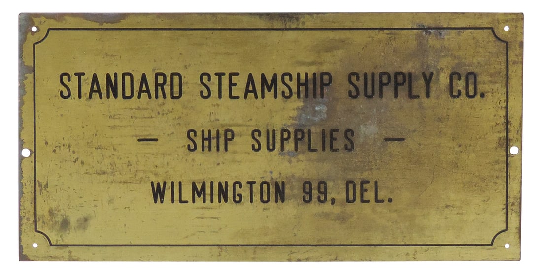 Nautical Steamship Sign, etched brass for Standard Steamship Supply Co.-Wilmington, Del, VG+ cond,: Nautical Steamship Sign, etched brass for Standard Steamship Supply Co.-Wilmington, Del, VG+ cond, 8"H x 16"W.