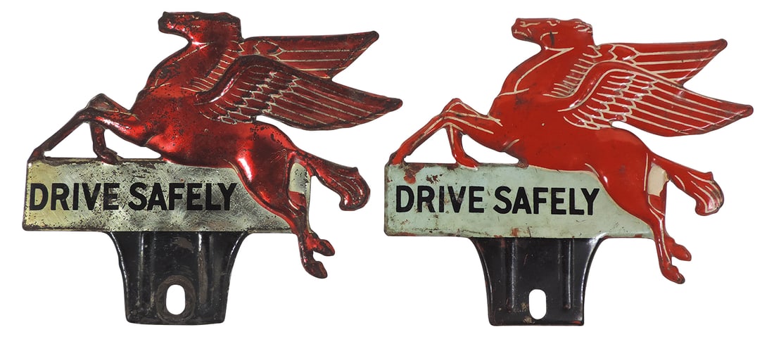 Automotive Mobil Pegasus License Plate Toppers (2), embossed diecut metal w/orig paint, both in (1 of 1)
