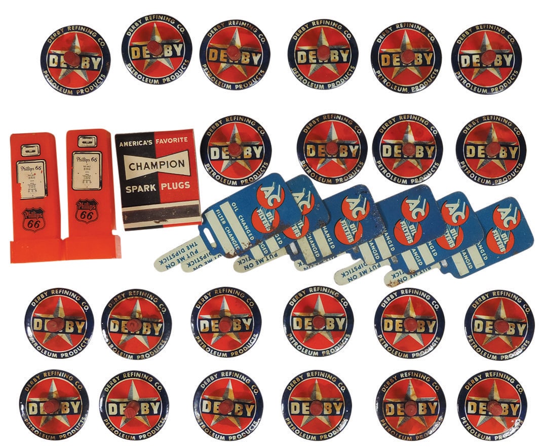 Petroliana Smalls (30+), Derby Refining Co. tops (22), AC Oil Filters dip stick oil change reminders (1 of 1)