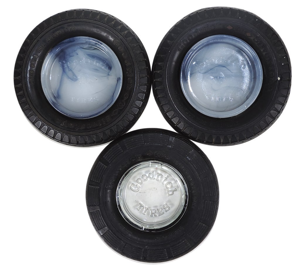 Automobilia Tire Advertising Ashtrays (3), all Goodrich w/embossed glass inserts, two Akro Agate (1 of 1)