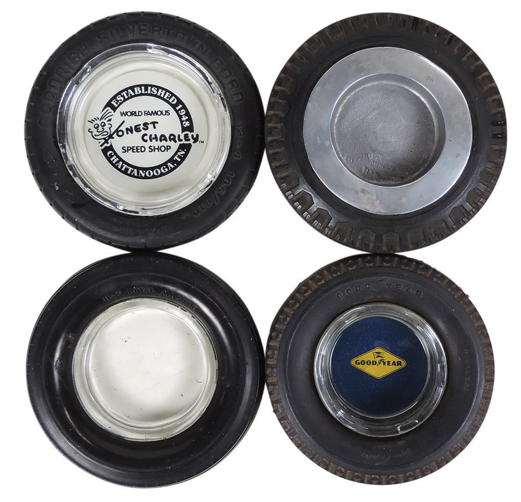 Automobilia Tire Advertising Ashtrays (4), Firestone, Goodyear, Goodrich & U.S. Royal, VG cond,: Automobilia Tire Advertising Ashtrays (4), Firestone, Goodyear, Goodrich & U.S. Royal, VG cond, largest 6.25"Dia.