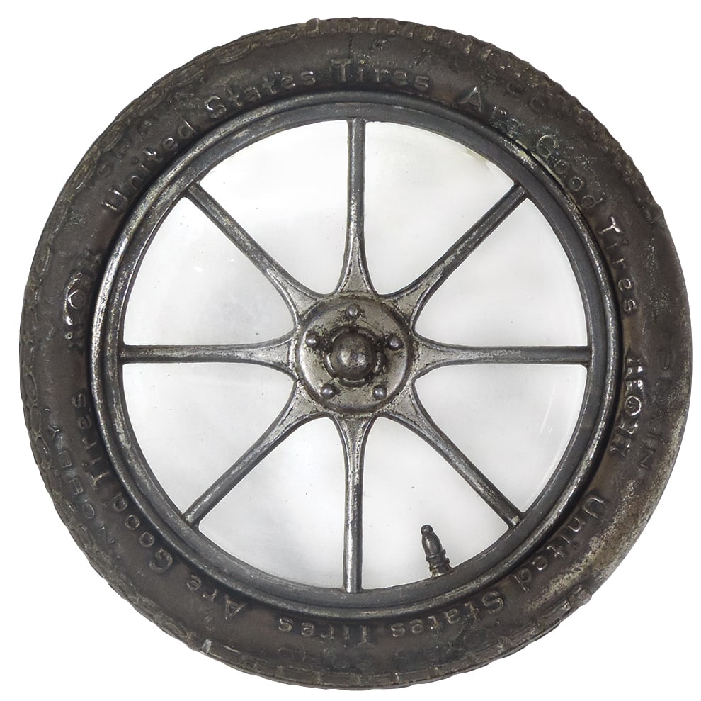 Automobilia Tire Advertising Tray, Rare U.S. Tires glass & embossed silvered metal w/removable (1 of 1)