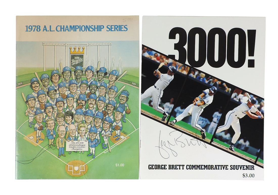 Baseball 1978 A.L. Championship Series KC Royals 44 page booklet & 1992 George Brett 3000: Baseball 1978 A.L. Championship Series KC Royals 44 page booklet & 1992 George Brett 3000 Commemorative Souvenir 16 page booklet w/his signature on the cover, both in Exc cond, 11"H x 8"W.