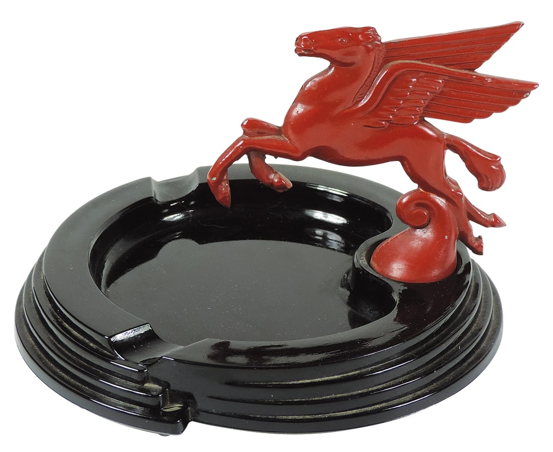 Petroliana Mobiloil Pegasus Ashtray, Rare black glass 3-swirl stepped base w/double-sided embossed (1 of 2)