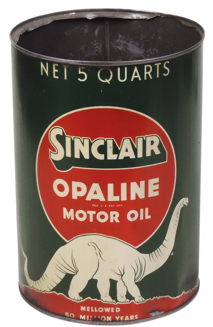Petroliana Sinclair 5 Qt Oil Can, Dino trademark for Opaline, litho on tin, VG cond, top removed &: Petroliana Sinclair 5 Qt Oil Can, Dino trademark for Opaline, litho on tin, VG cond, top removed & verso w/some dings & shallow dents, 9.5"H.