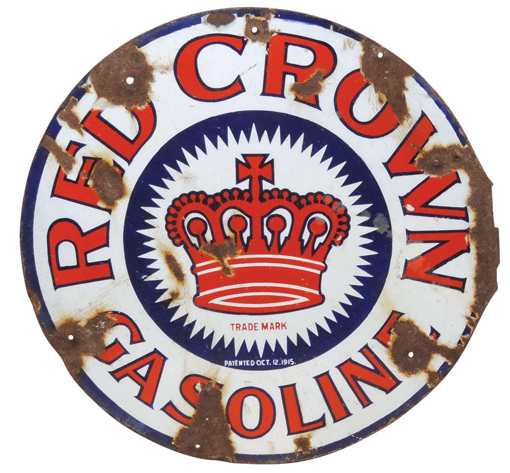 Petroliana, Red Crown Gasoline Sign, DSP on steel w/flange absent, pat 1915, Fair cond w/lo (1 of 2)