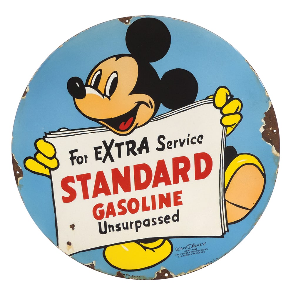 Petroliana Standard Gasoline Mickey Mouse Sign, SSP on steel, dated 1940 Walt Disney Corp, likely a (1 of 1)