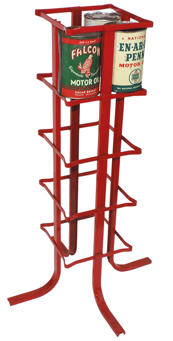 Petroliana Filling Station Oil Rack, bent iron display for 16 cans, includes En-Ar-Co, Sinclair & (1 of 1)