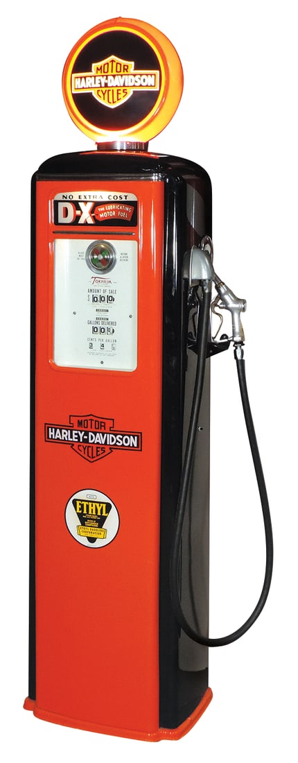 Petroliana Harley-Davidson Gas Pump, Model 38 mfgd by Tokeim, c.1948, pressed steel w/glass (1 of 3)