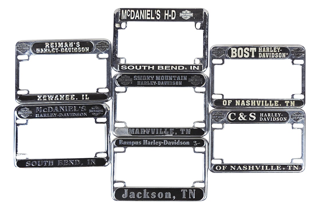 Motorcycle Harley-Davidson License Plate Frames (7), TN, IN & IL shops, most w/logo, VG to (1 of 1)