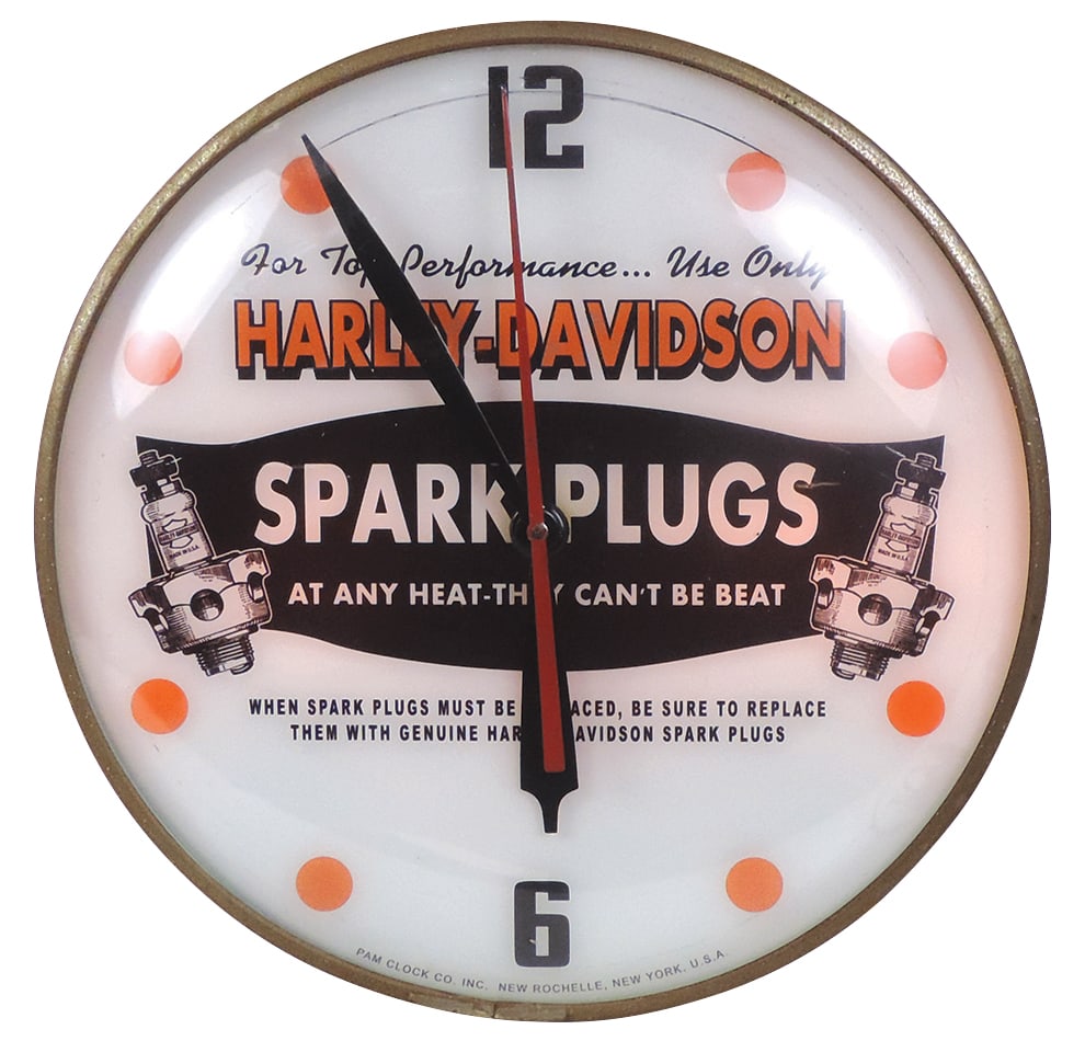 Harley-Davidson Lighted Pam Clock, printed glass face for spark plugs w/nice graphics, VG+ working (1 of 1)