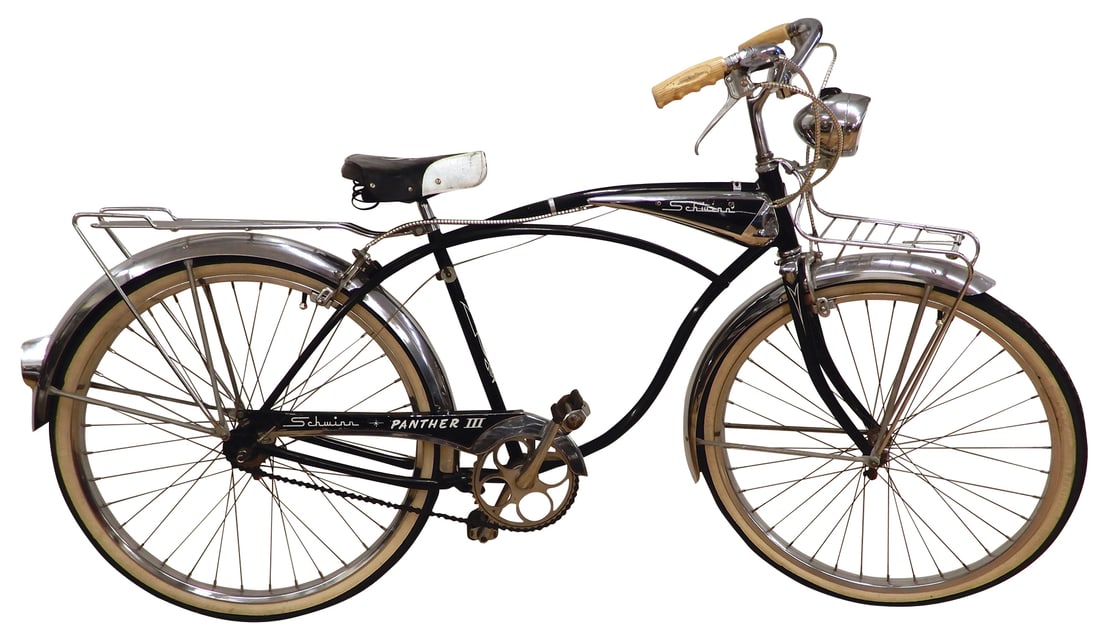 Bicycle, Panther III, featuring front & rear racks, headlight, caliper brakes & 3-speed: Bicycle, Panther III, featuring front & rear racks, headlight, caliper brakes & 3-speed Sturmey-Archer hub, c.1960, VG+ orig cond, 40"H x 68"L.
