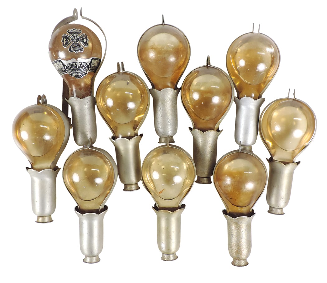Firefighting Glass Extinguisher Grenades (10), bulb-shape w/contents, in aluminum hangers, 1 (1 of 1)