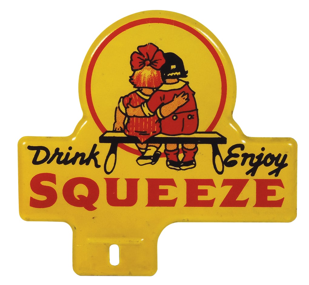 Automobile Drink Squeeze License Plate Topper, diecut metal w/great graphic, Near-Mint unused cond (1 of 1)