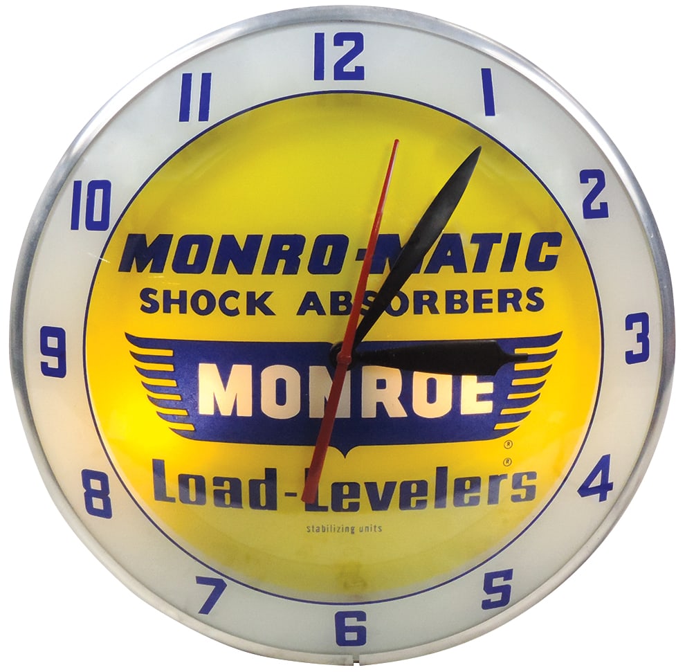 Automobilia, Monroe Double Bubble Clock, electric light-up, mfgd by Advertising Products Inc.,: Automobilia, Monroe Double Bubble Clock, electric light-up, mfgd by Advertising Products Inc., c.1960, Exc+ working cond w/light wear on verso, 16"Dia.