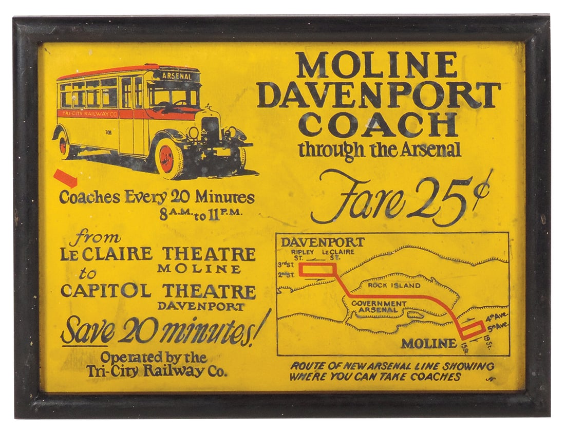Automotive Sign, Moline Davenport Coach Through the Arsenal Fare Sign, Coaches Every 20 Minutes for (1 of 1)