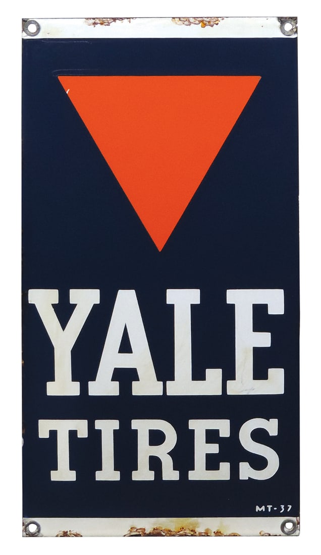 Automobilia, Yale Tires Sign, SSP marked MT-37, Exc field & gloss w/some corrosion top & bottom: Automobilia, Yale Tires Sign, SSP marked MT-37, Exc field & gloss w/some corrosion top & bottom edges, 15.75"H x 8.25"W.