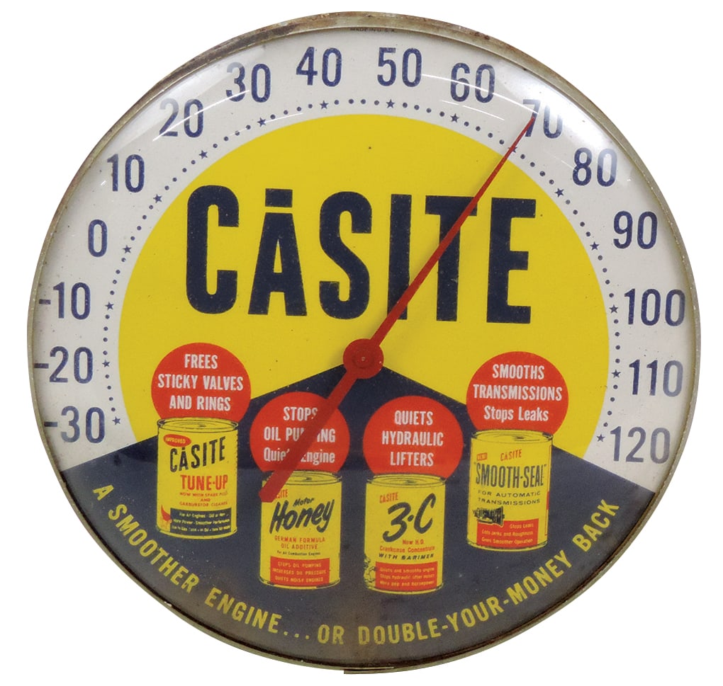Petroliana Casite Thermometer, convex glass for engine additives, VG working cond, 12"Dia. (1 of 1)