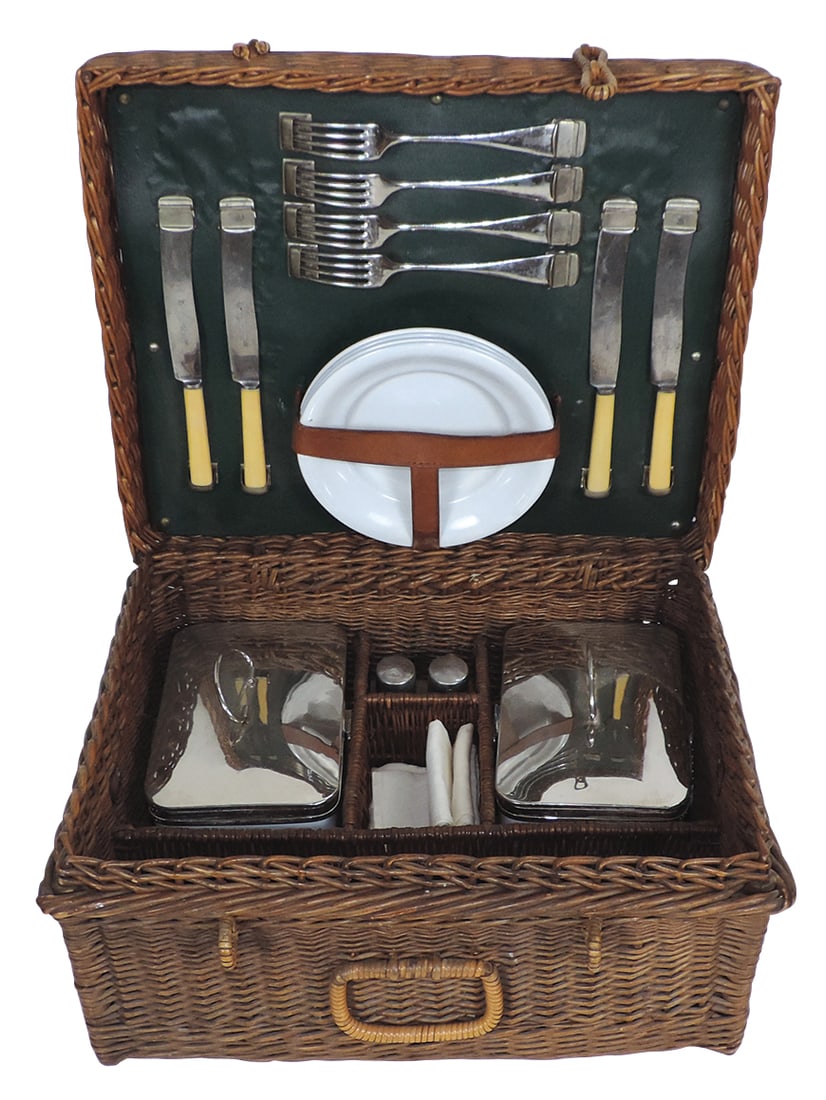 Automobilia Touring/Picnic Case, woven wicker w/fitted compartments containing 2 chrome-lidded (1 of 2)