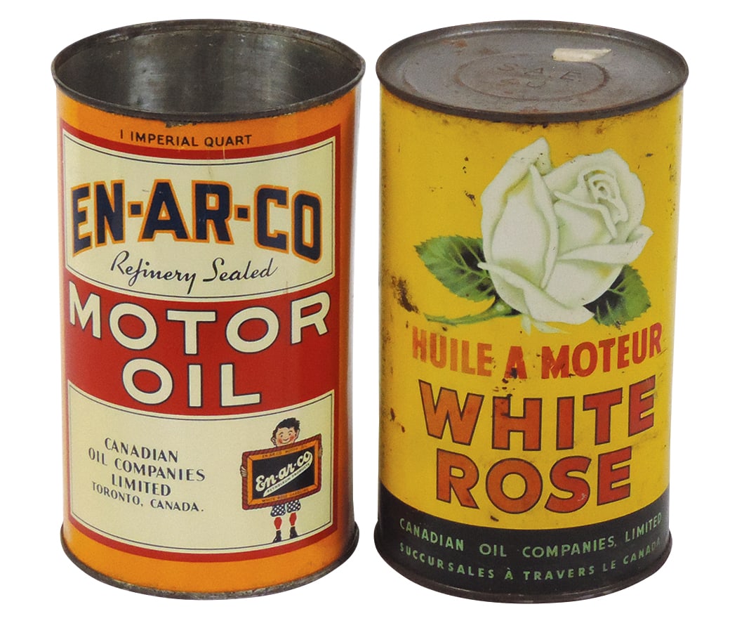 Petroliana Oil Cans (2), White Rose & En-Ar-Co , 1 qt litho on tin in VG cond, latter w/top removed, (1 of 2)
