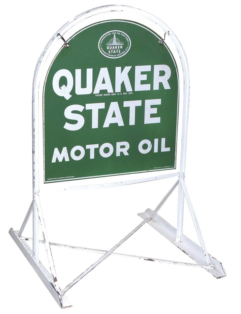 Petroliana Curb Sign, Quaker State Motor Oil, double-sided painted steel hanging in conforming (1 of 2)