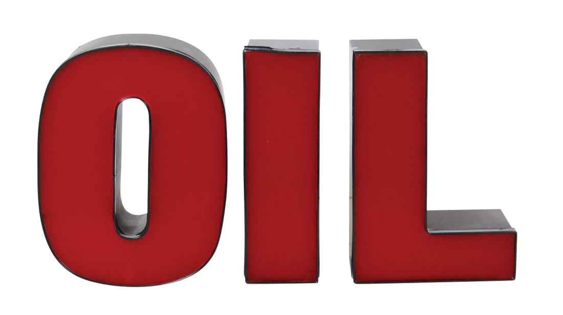 Petroliana Oil Letters (3), individual aluminum cans w/translucent red covers, could be wired for: Petroliana Oil Letters (3), individual aluminum cans w/translucent red covers, could be wired for lights, VG cond, 13.5"H x 5.5"D.