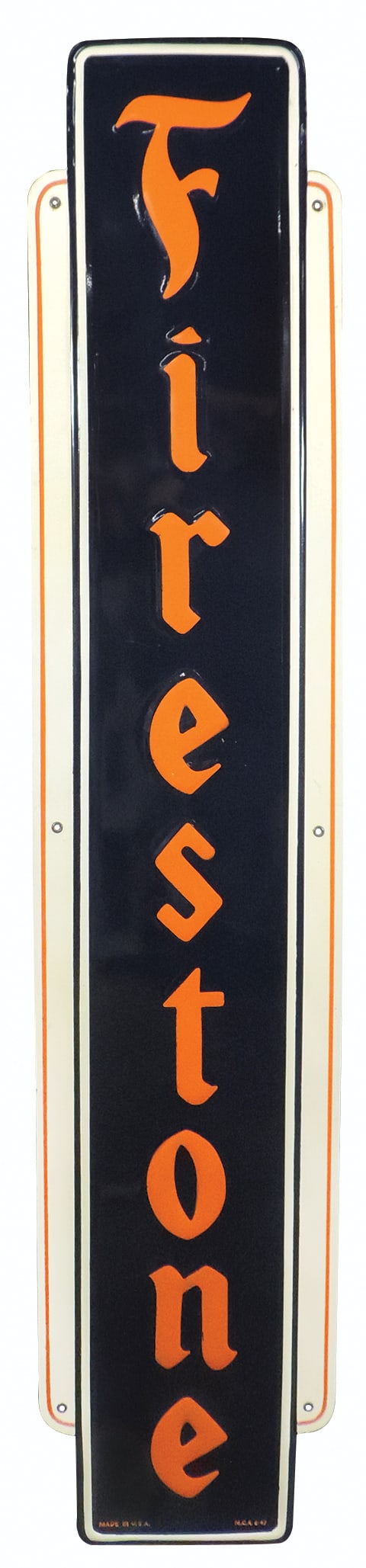 Automobilia Firestone Sign, embossed metal, VG+ refreshed (overpainted) dark blue & re-lettered (1 of 1)