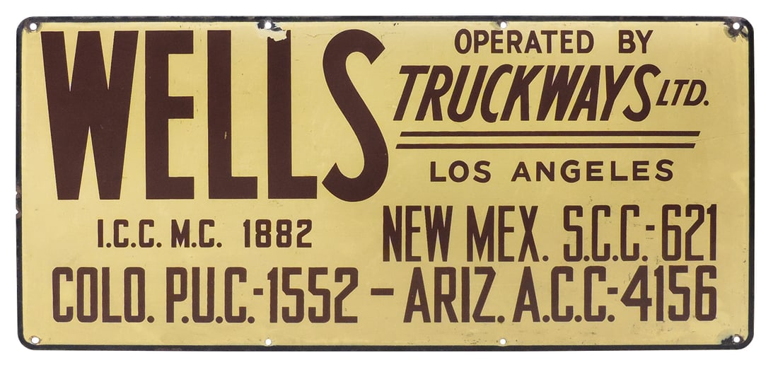 Transportation Trucking Sign, double-sided porcelain on steel, reversible sign, one side for Wells: Transportation Trucking Sign, double-sided porcelain on steel, reversible sign, one side for Wells Truckways-Los Angeles, other side for Harris Truck Line-Chicago, VG cond w/small losses at mount hole