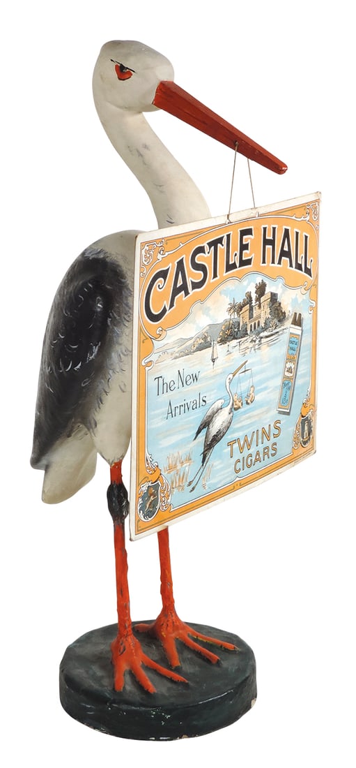 Cigar Advertising Counter Display, Castle Hall Twins Cigars, painted papier-mâché stork w/an orig: Cigar Advertising Counter Display, Castle Hall Twins Cigars, painted papier-mâché stork w/an orig colorful litho on cdbd sign by Petre, Schmidt & Bergmann-NY, a fun cigar display in VG+ orig cond w/