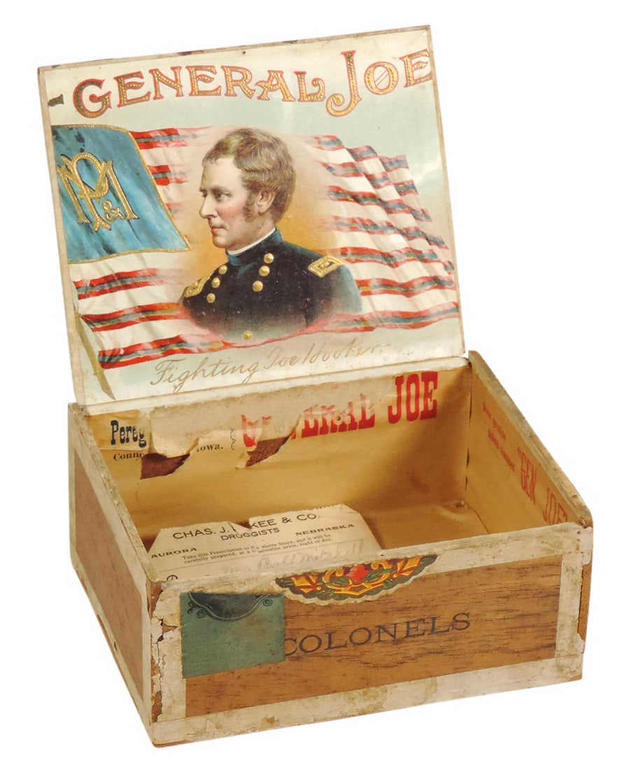Cigar Box, General Joe Hooker, wood w/pressed lid & Fighting Joe Hooker interior paper label, an (1 of 2)