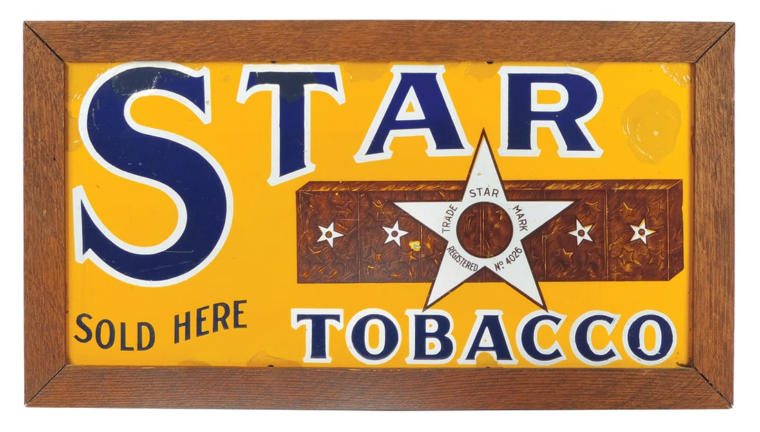 Tobacco Sign, Star Tobacco, porcelain in wood frame, strong color, obvious inpainted chips along top: Tobacco Sign, Star Tobacco, porcelain in wood frame, strong color, obvious inpainted chips along top edge & upper R side, rest in Exc cond, 14"H x 25.5"W.