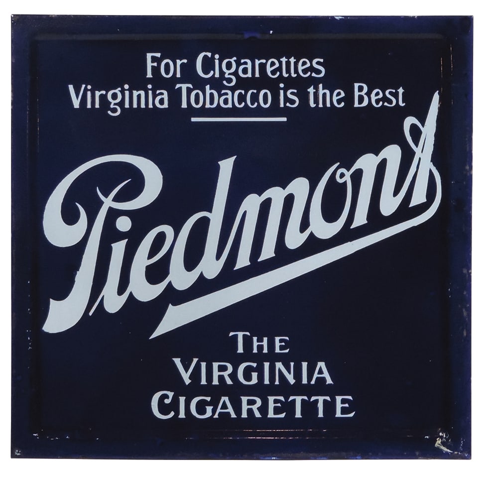 Tobacco Sign, Piedmont Cigarettes, DSP in cobalt & white, made to fit a chair back but could be (1 of 2)