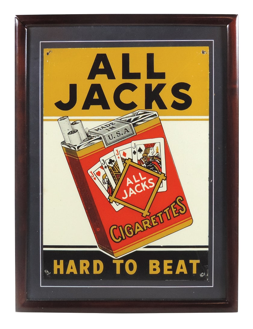 Tobacco Sign, All Jacks Cigarettes-Hard To Beat, metal w/colorful cigarette pack graphic, VG+ to Exc (1 of 1)