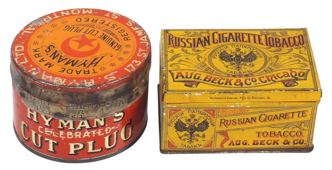 Tobacco Tins (2), Russian Cigarette Tobacco tin w/hinged lid from Aug. Beck & Co.-Chicago, Exc cond (1 of 1)