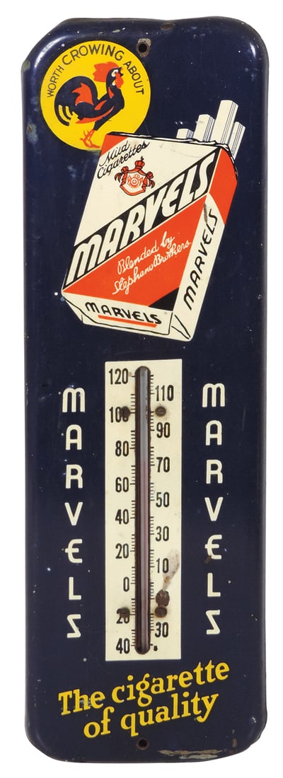 Tobacco Thermometer, Marvels Cigarettes, "Worth Crowing About", metal w/cigarette pack & rooster (1 of 1)