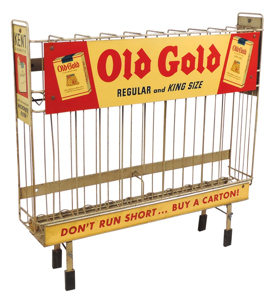 Tobacciana Cigarette Rack, wire w/litho on tin marquee & panels for 20 brands, Good+ cond, 24"H x: Tobacciana Cigarette Rack, wire w/litho on tin marquee & panels for 20 brands, Good+ cond, 24"H x 25"W.