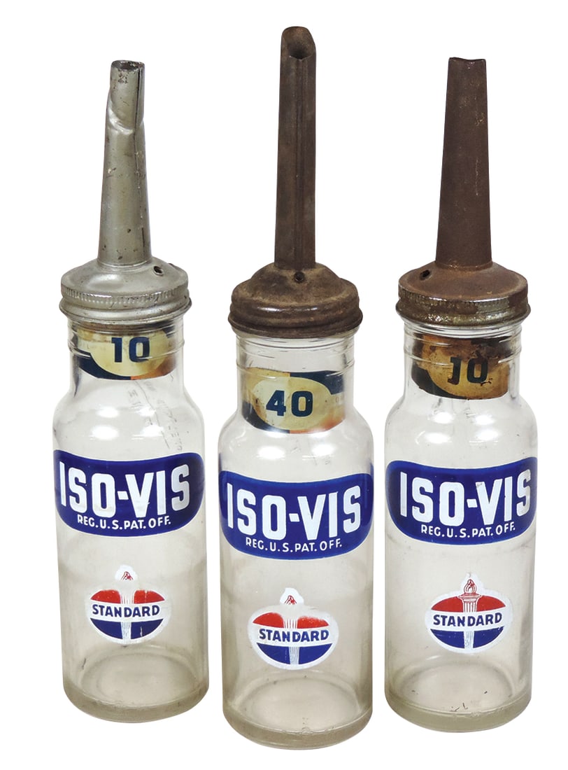 Petroliana Iso-Vis Oil Bottles (3), Standard Oil enameled labels on glass w/tin filler spouts (no (1 of 1)
