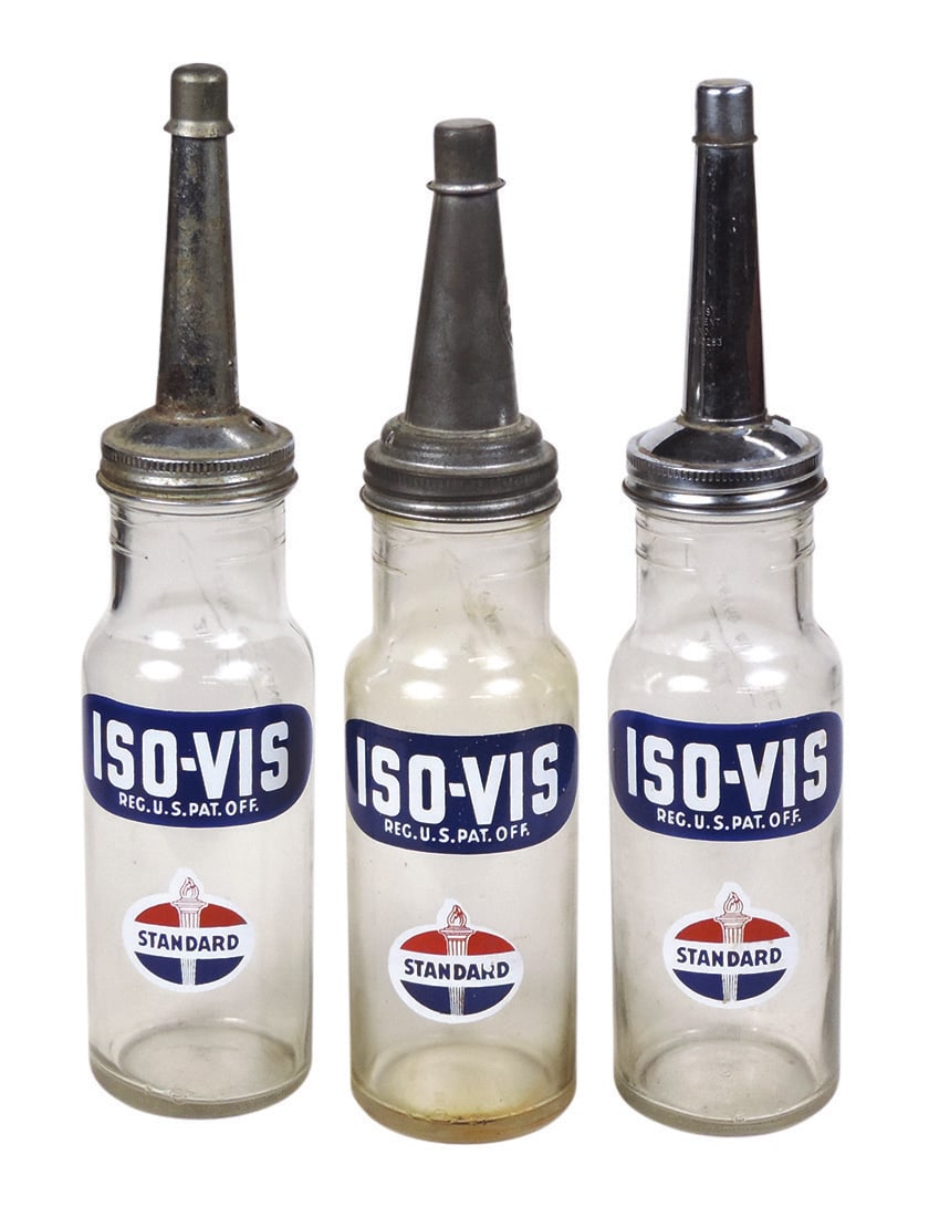 Petroliana Iso-Vis Oil Bottles (3), Standard Oil enameled labels on glass w/tin filler spouts, VG+ (1 of 1)