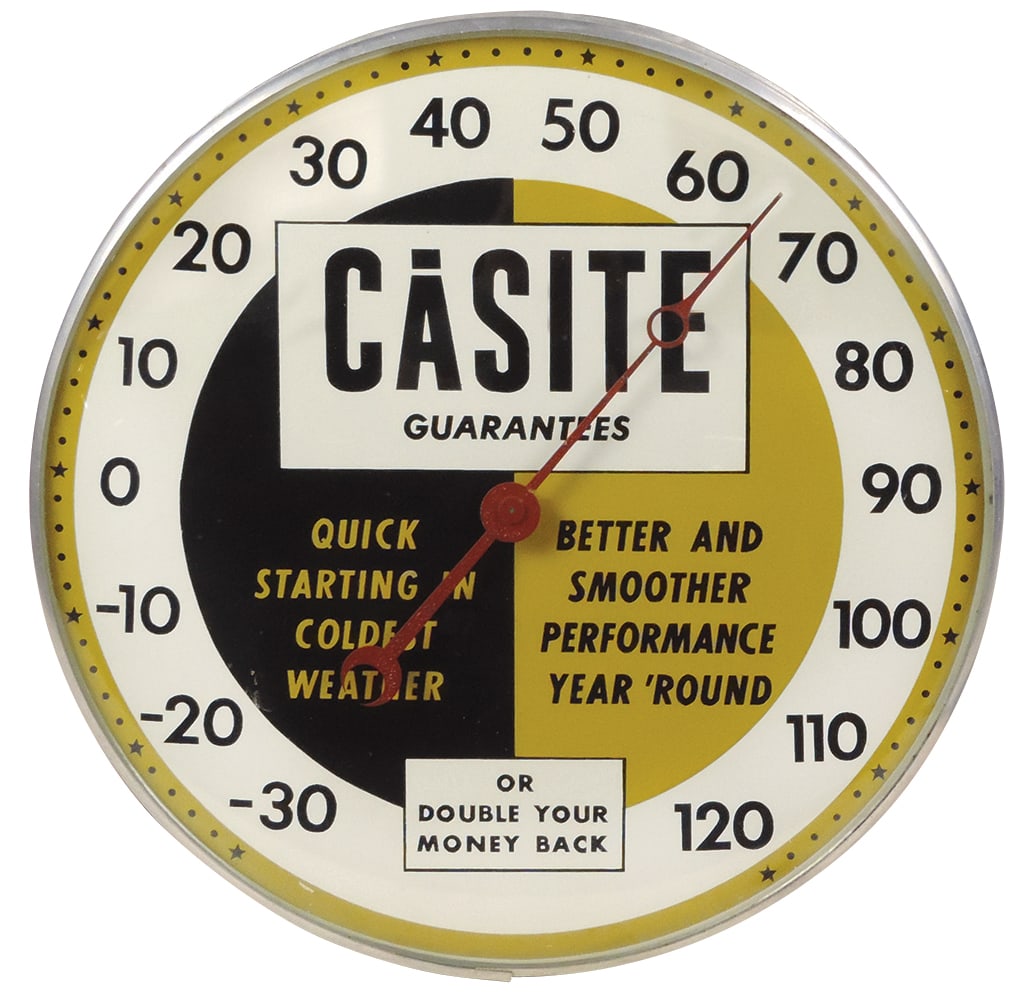 Petroliana Casite Thermometer, convex glass cover, mfgd by Elvin for engine additives, Exc+ working (1 of 1)