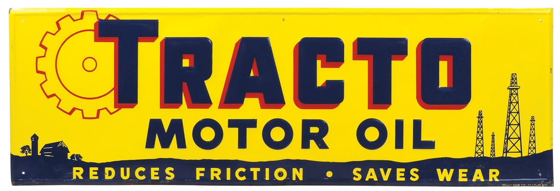 Petroliana Tracto Tractor Oil Sign, mfgd by Stout Sign Co., embossed litho on tin w/farm & oil rig: Petroliana Tracto Tractor Oil Sign, mfgd by Stout Sign Co., embossed litho on tin w/farm & oil rig graphics, likely NOS but w/some storage oxidation bottom edge, 11.5"H x 35.5"W.