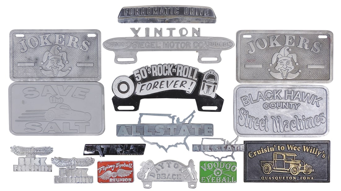 Automobilia Hot Rod Club Items (16), most cast aluminum plates & license plate toppers, incl Black (1 of 1)